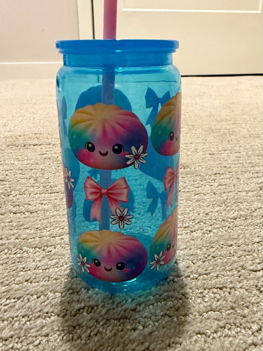 Rainbow Dumpling Blue Plastic Tumbler with Straw